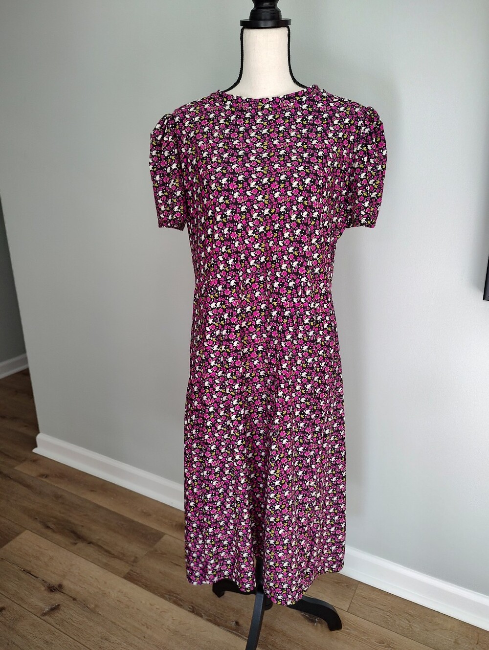 Jude Connally Stacy Ditsy Floral Black Pink Midi Dress Pockets XL